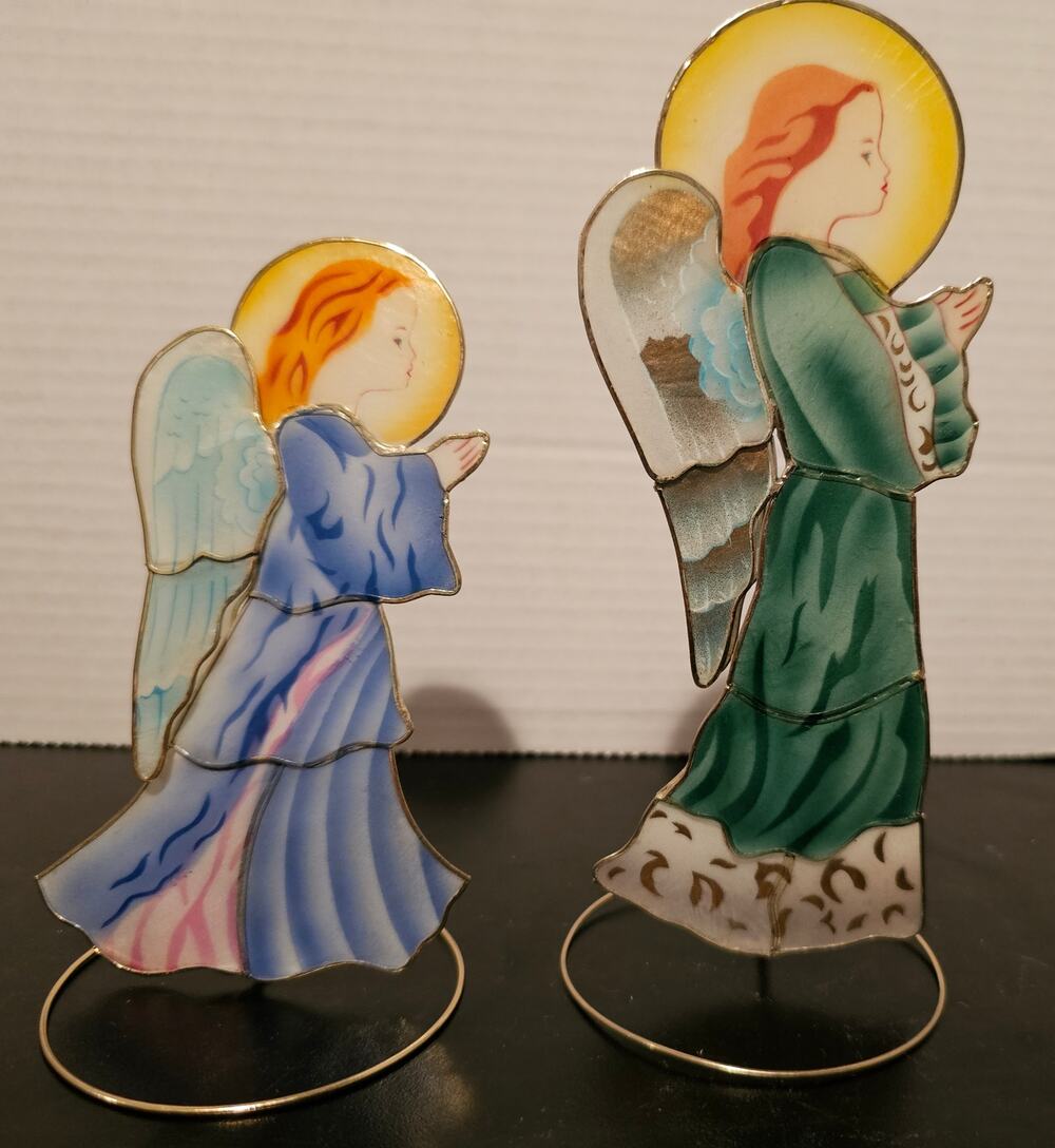 Capiz Shell painted Winged Praying Angels on Stands Christmas Decor